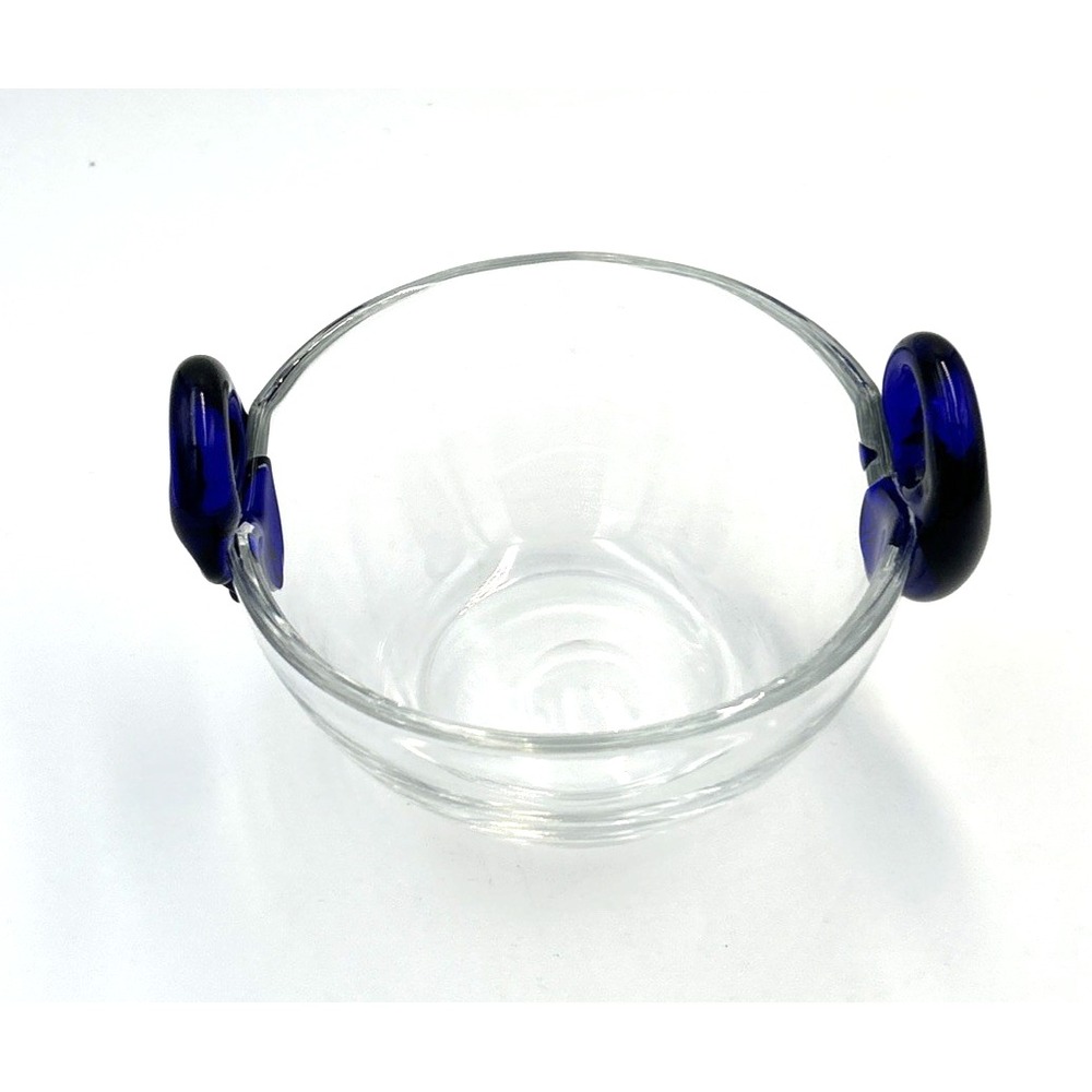 Hand Blown Glass Bowl Clear w/ Cobalt Blue Applied Loop Handles